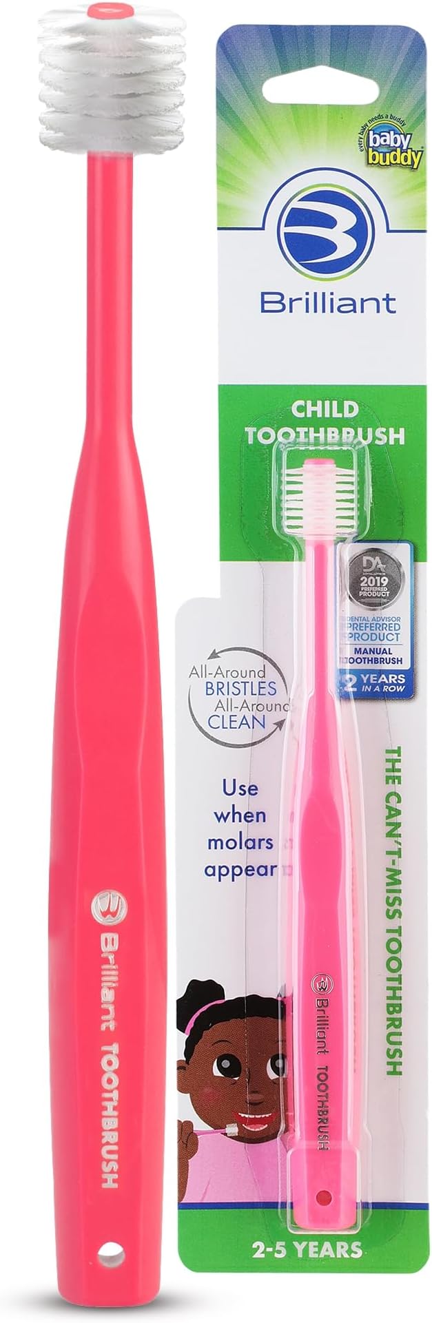 Brilliant Oral Care Child Toothbrush with Soft Bristles and Round Head, for a Kid Approved, Easy to Use All-Around Clean Mouth, Ages 2-5 Years, Pink, 1 Pack