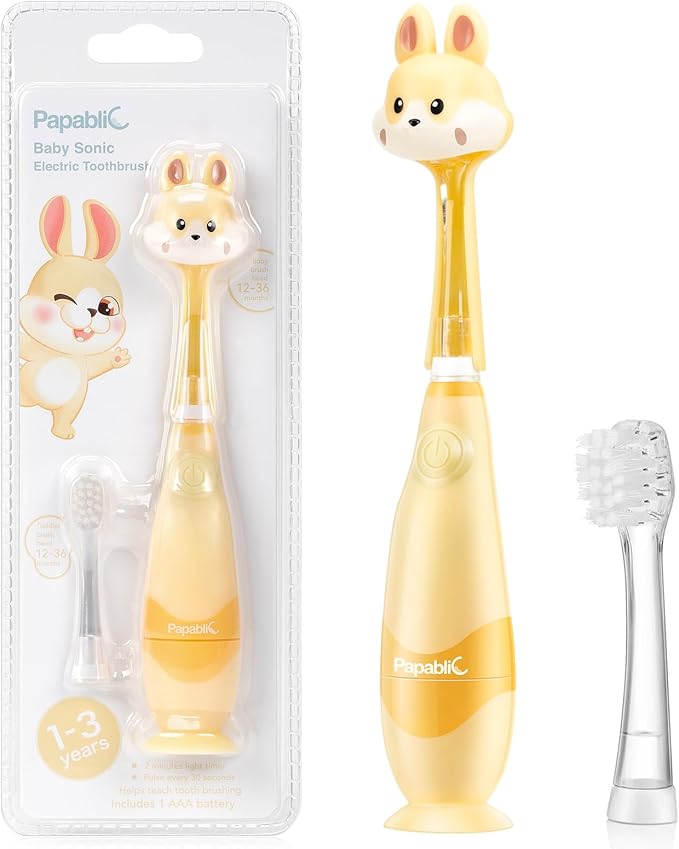 Papablic Toddler Sonic Electric Toothbrush for Ages 1-3 Years, Baby Electric Toothbrush with Cute Rabbit Cover and Smart LED Timer, 2 Brush Heads (Bunny)
