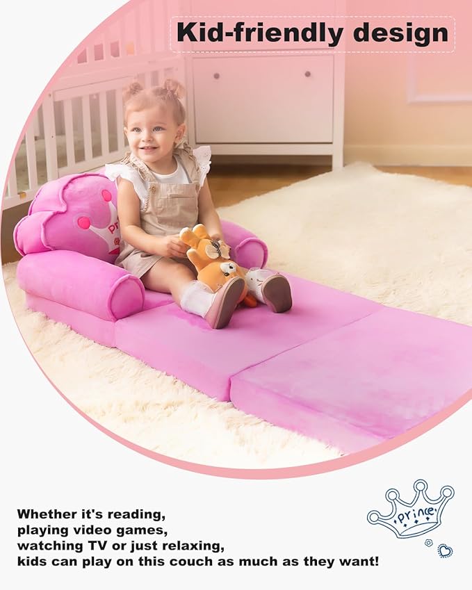 MOONBEEKI Kids Couch Fold Out, Foldable Princess Chair for Toddlers 1-3, Sofa Bed for Kids Folding Toddler Bed Lounger Chair for Bedroom, Toddler Couch Bed for Girl