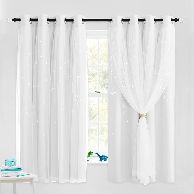 NICETOWN Double Layered Stars and Moon Cut Out Blackout and Sheer Window Curtain Panel for Girls Bedroom, Grommet Window Treatment Drapes for Christmas Decor, 2 Panels, 52W x 63L, Greyish White