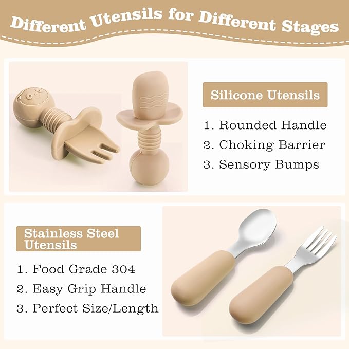 Silicone Baby Feeding Set, Baby Led Weaning Supplies with Suction Bowl Divided Plate, Toddler Self Feeding Dish Set with Spoons Forks Sippy Cup Adjustable Bib, Eating Utensils for 6+ Months(Khaki)