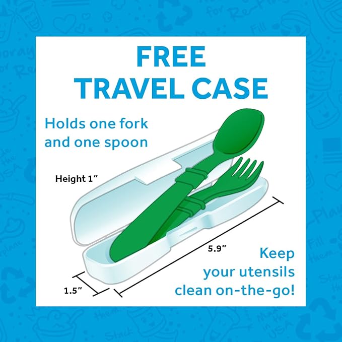 Re-Play Made in USA Toddler Forks and Spoons, Pack of 8 With Carrying Case - 4 Kids Forks with Rounded Tips and 4 Deep Scoop Toddler Spoons - 0.2" Thick Toddler Utensils with Case, Valentine