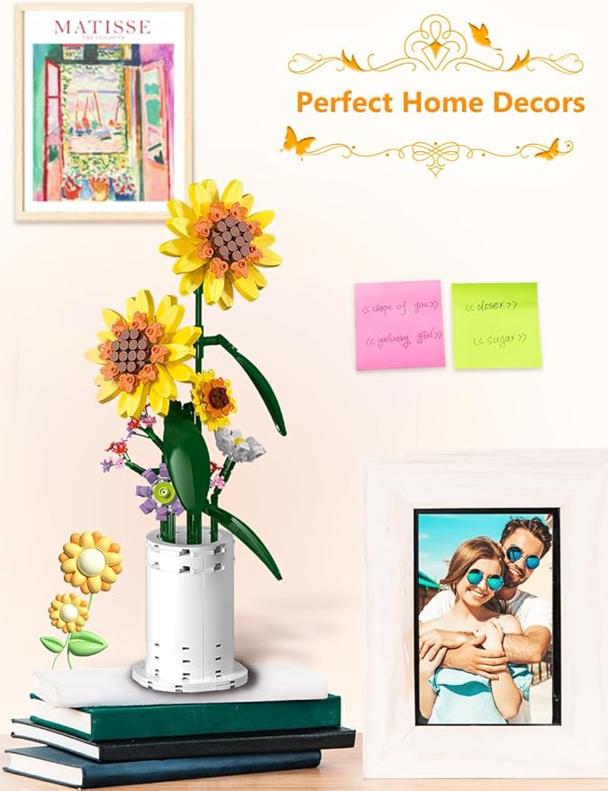 Sunflower Building Block Set, Flower Bouquet with Vase Building Toys, Party Gift Favor for Adults Teens Kids Girls Boys