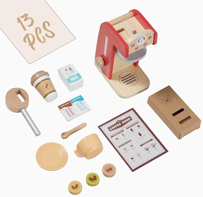 Giant Bean Wooden Coffee Maker Set Toy for Kids, 15 pcs Play Kitchen Accessories, Pretend Playset for Kids-Fun, Gifts for Boys and Girls