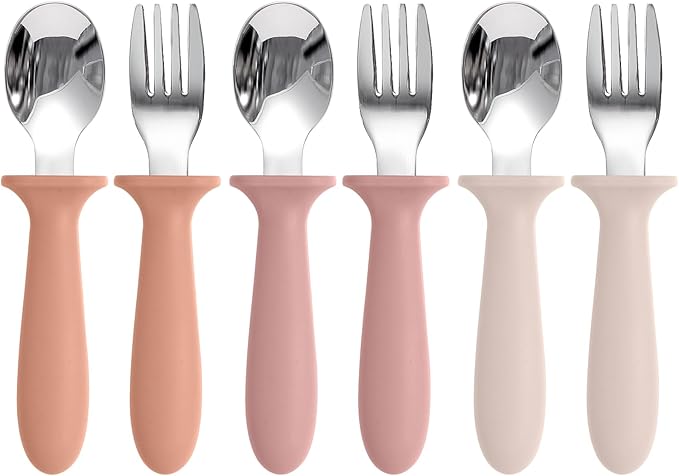 Toddler Spoons and Forks Set, 6 Pack Kids Silverware with Silicone Handle, BPA Free, 18/8 Stainless Steel Children Safe Toddler Utensils, Dishwasher Safe