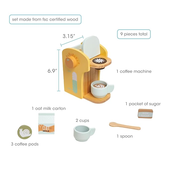 Pearhead Barista in Training Montessori Toy Coffee Maker, Wooden Pretend Play Toy Set for Developmental Learning, Play Kitchen Set for Toddlers Ages 3+ Years, 9 Piece Wooden Play Toy Set