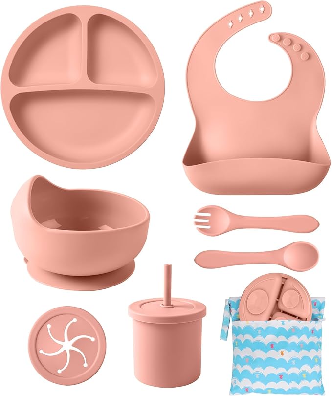 ECLIP Silicone Baby Feeding Set, 10 Pcs Baby Led Weaning Supplies with Suction Bowl Divided Plate Adjustable Bib Soft Spoon Fork Snack Cup with Lid Drinking Cup, Utensil (Brick Red)