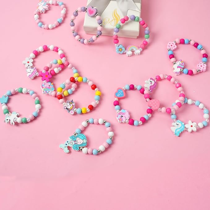 Wooden Bracelets for Girls Party favors Dress up Unicorn Mermaid Rainbow Heart Pendant Cute Friendship Stretchy Costume Jewelry Set Gift Play Party Favors (Unicorn)