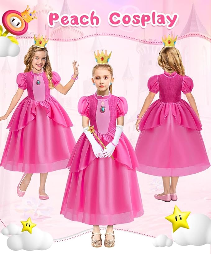 TOLOYE Princess Peach Costume for Girls,Princess Peach Dress with Accessories for Birthday Party Cosplay Halloween Christmas