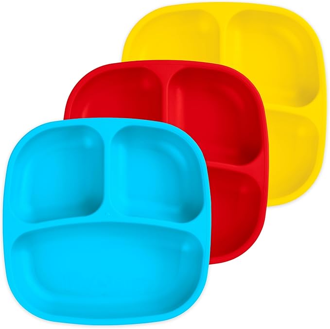 Re-Play Made in USA 7" Deep Walled Divided Plates for Kids, Set of 3 - Reusable 3 Compartment Plates, Dishwasher and Microwave Safe - 7.37" x 7.37" x 1.25", Preschool