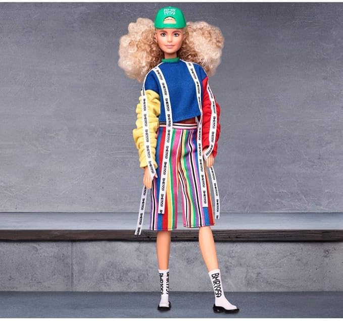 Barbie BMR1959 Fashion Doll with Curly Blonde Hair, in Color Block Sweatshirt with Logo Tape, Fully Poseable, with Accessories and Doll Stand