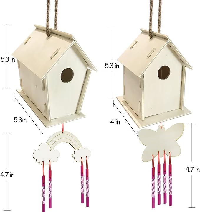 Crafts for Kids Ages 4-8 - 4 Pack DIY Bird House Wind Chime Kit - Build and Paint Birdhouses Wooden Arts Kits Easter Basket Stuffers Gifts for Girls Kids Boys Toddlers Ages 3-5 4-6 6-8 8-12