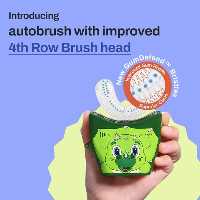 autobrush Kids U Shaped Electric Toothbrush, ADA Accepted, Sonic Pro with Unique 360° Nylon Bristles 3 Cleaning Modes,Whitening LED-Lights,Plays Music (Double-Sided),Ages 9-12, Dinosaur