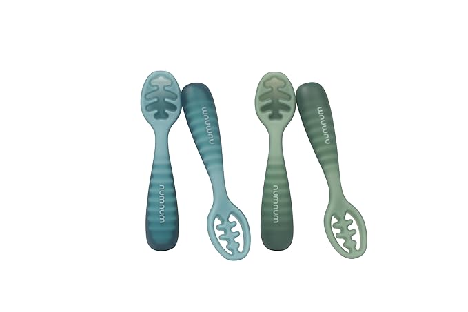 NumNum Baby Spoons Set, Pre-Spoon GOOtensils for Kids Aged 12+ Months - First Stage, Baby Led Weaning (BLW) Spoon - Self Feeding, Silicone Toddler Food Utensils - 1-Pack, 4 Spoons, Blue/Green