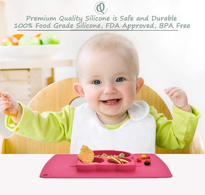 Qshare Toddler Plate, Portable Baby Plate for Toddlers and Kids, BPA-Free Strong Suction Plates for Toddlers, Dishwasher and Microwave Safe Silicone Placemat 11x8x1 inch