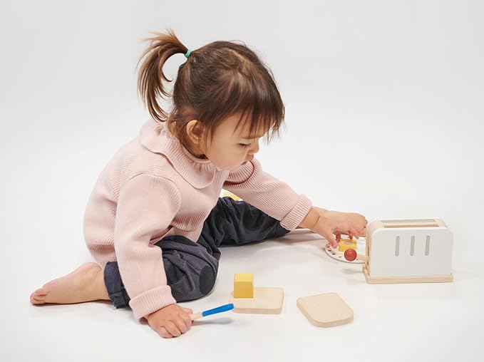 Mentari Toys - Rise and Shine Toaster Set - 10 Pcs Classic Wooden Pop Up Toaster Toy for Pretend Cooking - Develops Social, Creative & Imaginative Skills Learning Role Play - Age 3+