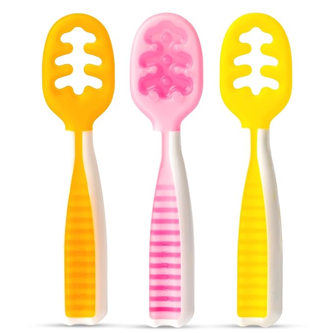 NumNum Baby Spoons Set, Pre-Spoon GOOtensils for Kids Aged 6+ Months - First Stage, Baby Led Weaning (BLW) Spoon - Self Feeding, Silicone Toddler Food Utensils - 3 Spoons, Pink/Yellow/Orange