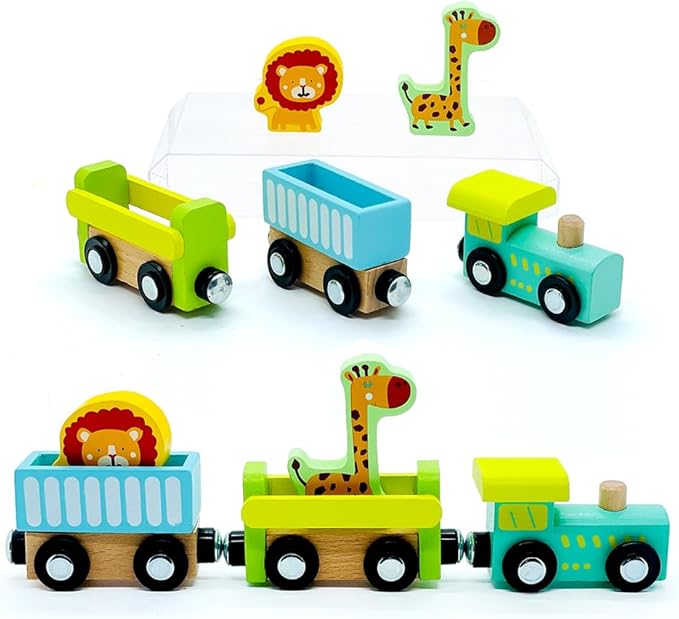 Wooden Trains Cars with Crane Magnetic Train Toys for Wooden Train Tracks Train Sets for Toddlers and Kids Ages 3+ (Zoo Train)