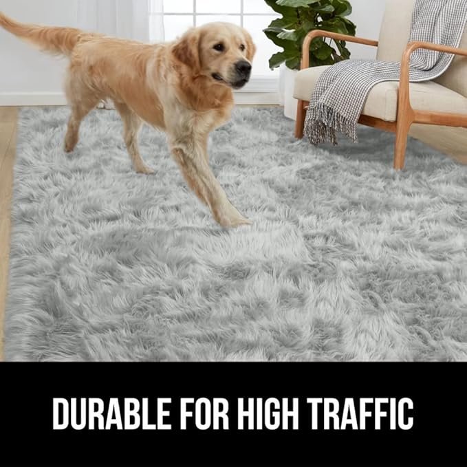 Gorilla Grip Fluffy Faux Fur Rug, 6x9, Machine Washable Soft Furry Area Rugs, Rubber Backing, Plush Floor Carpets for Baby Nursery, Bedroom, Living Room Shag Carpet, Luxury Home Decor, Light Gray