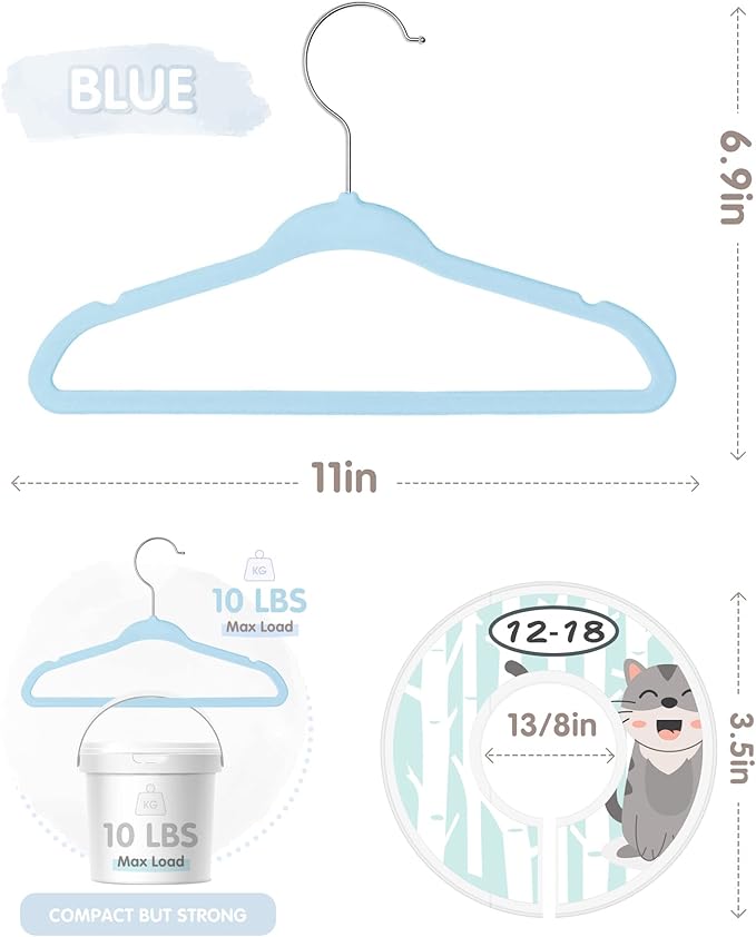 Baby Hangers, VIS'V 11 Inch Blue Velvet Kids Hangers with 6 Pcs Size Dividers Non Slip Nursery Children Closet Clothes Hangers for Infant Toddler Girls and Boys 30 Pcs