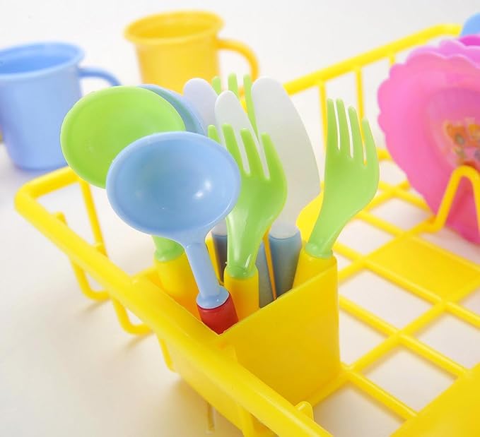 PowerTRC Kids Pretend Play Dishes Playset, Durable Kitchen Toys and Tea Set for Children, Wash and Dry Tea Playset with Dish Rack and Accessories (27 Pieces)