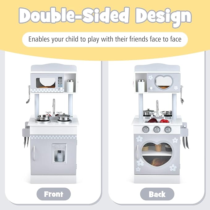 Costzon Kids Kitchen Playset, Double-Sided Wooden Play Kitchen Toy Set w/Realistic Sound, Oven, Ice Cube Dispenser, Utensils, Sink, Large Storage Space, Pretend Chef Cooking Set for Toddlers