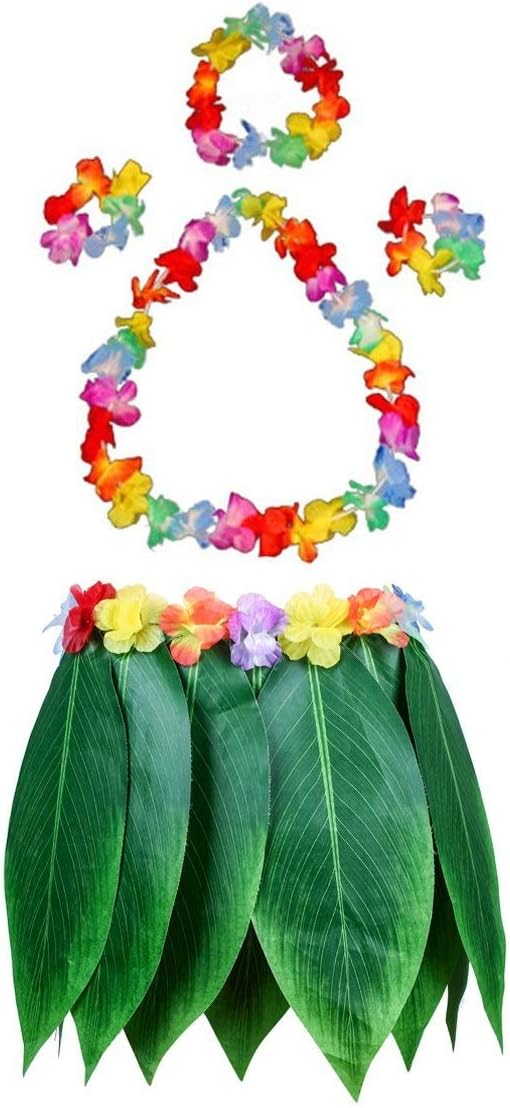 Fortuning's JDS Boys Girls Hawaiian Flowers Leaf Grass Skirts Garland Costume Set Beach Party Favors