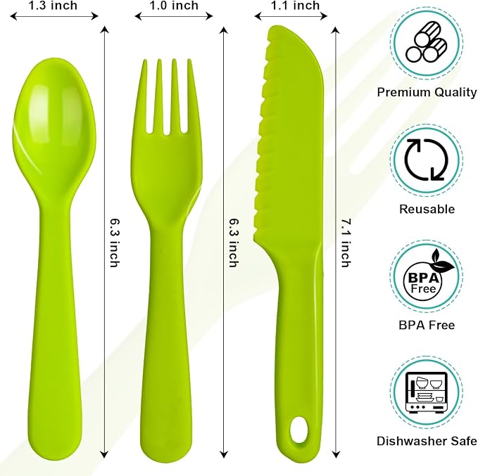 Jawbush 12Pcs Kids Cutlery Set, Plastic Toddler Utensils Forks and Spoons with Serrated Nylon Knives for School Lunch Box or Travel with Bright Colors, Reusable Kids Silverware Set also for Adults