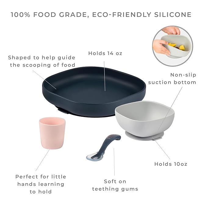 BEABA Silicone 4 Piece Baby Feeding Set, Suction Plates for Baby, Includes Plate, Bowl, Cup, 2nd Stage Silicone Spoon, High Grade Food Safe Silicone, Midnight