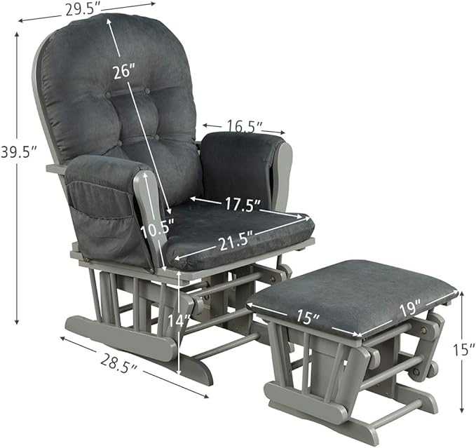 Costzon Nursery Glider with Ottoman, Upholstered Comfort Glider Rocker with Padded Cushion, Storage Pocket, Solid Wood Base, Rocking Chair Nursery for Breastfeeding, Maternity, Napping (Dark Gray)