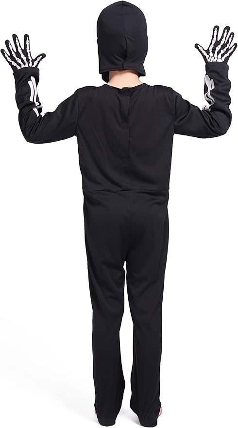 Leadtex Kids Glow in the Dark Skeleton Halloween Costume, All in One Skeleton Printed Jumpsuit with Hood and Gloves.