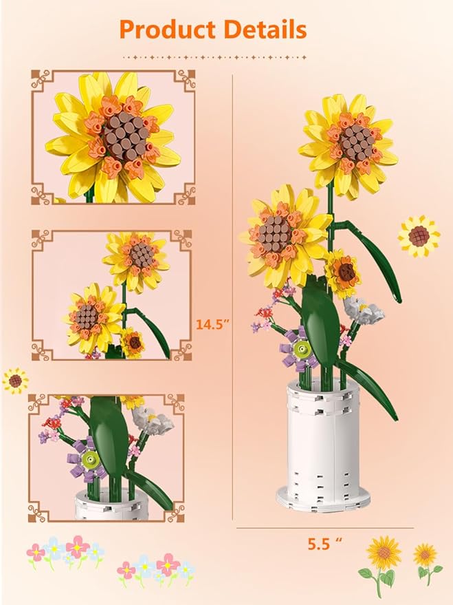 Sunflower Building Block Set, Flower Bouquet with Vase Building Toys, Party Gift Favor for Adults Teens Kids Girls Boys