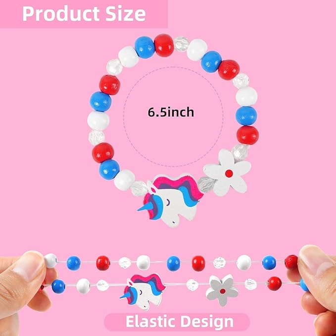 Wooden Bracelets for Girls Party favors Dress up Unicorn Mermaid Rainbow Heart Pendant Cute Friendship Stretchy Costume Jewelry Set Gift Play Party Favors (Unicorn)