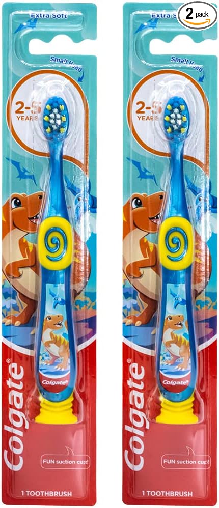 Colgate Dinosaur Toothbrush for Children with Suction Cup, Kids 2-5 Years Old, Extra Soft - Pack of 2