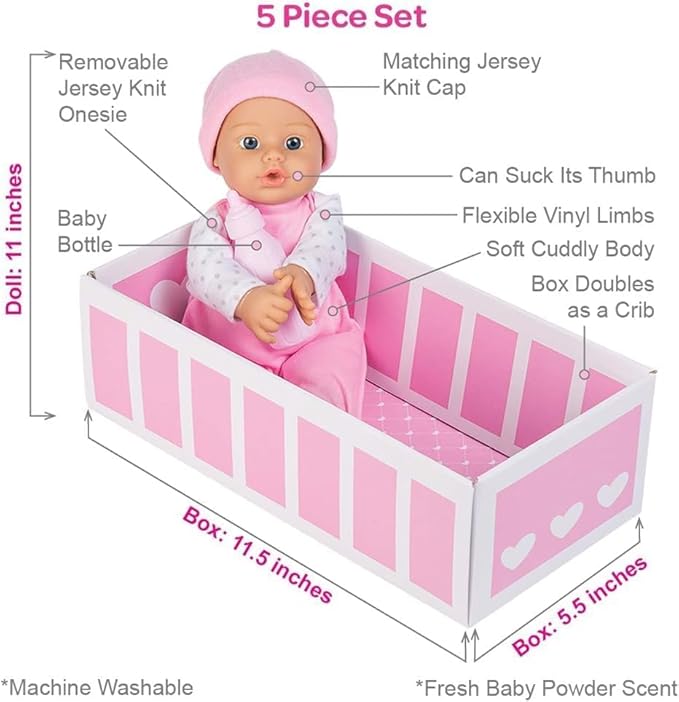 Adora Amazon Exclusive Sweet Babies Collection, 11” Soft and Cuddly Girl Baby Doll | Machine Washable, Birthday Gift For Ages 1+ - Baby Blossom, Pink/White