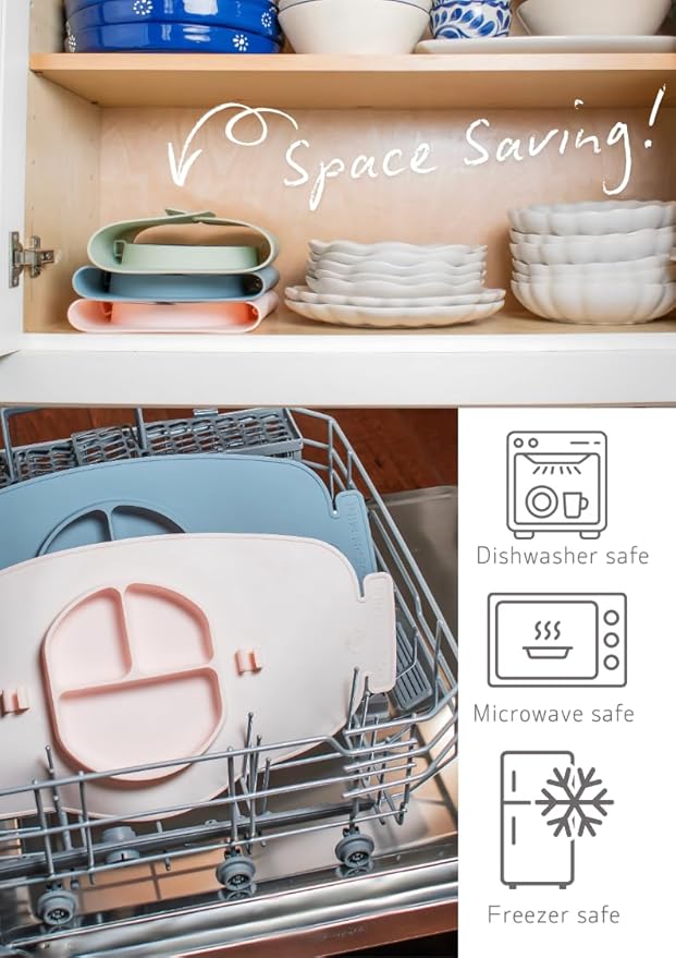 Modern Mini - Silicone Suction Plate, Baby Toddler, Divided Plate with Fork & Spoon - Unbreakable, Non-Toxic, Food Grade Silicone, Strong Suction Grip, Spill Proof, & Foldable for Travel!