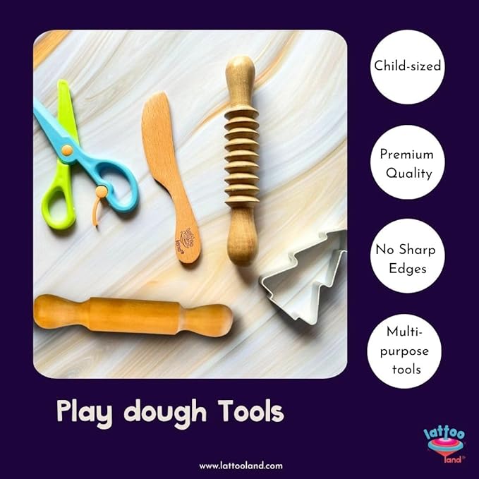 Dough Tools | Set of 5 Sculpting Tool to Roll, Cut, Flatten | Wooden Rollers & Knife | Child-Safe Scissor | Pretend Play Kitchen Tool | Clay Mould Tool for Kids Ages 2-7 | Art & Craft