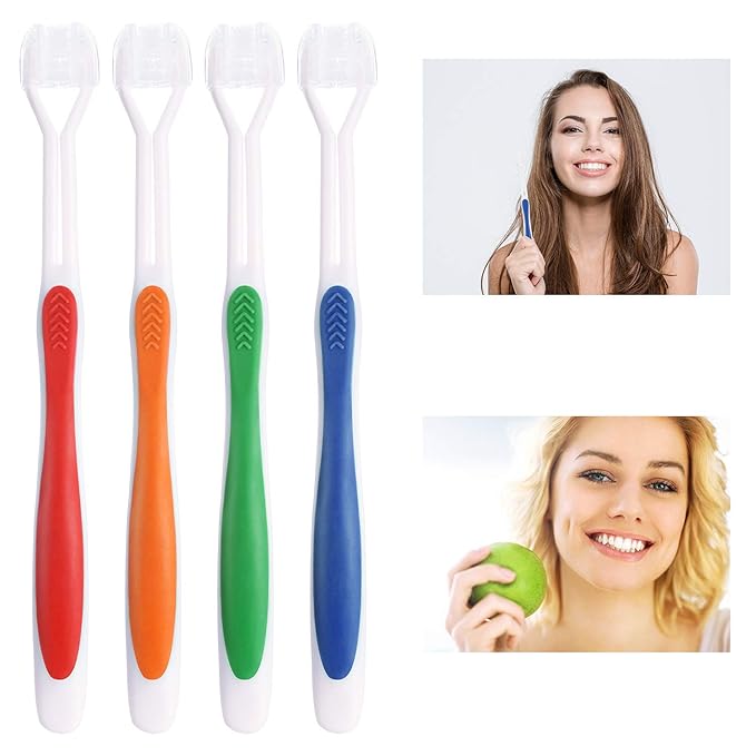 Boao 4 Pieces Three Sided Toothbrush Autism Sensory Toothbrush Bristle Travel Brush for Kids Complete Teeth Gum Care Good Angle Clean Tooth, Soft and Gentle(Green, Blue, Yellow, Red)