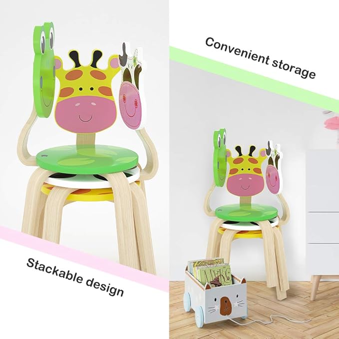 iPlay, iLearn 2 PCS Wooden Kids Chair Sets, Natural Hardwood Giraffe & Frog Animal Children Chairs, Furniture Set for Toddlers Kids Boys Girls, Stackable for Playroom, Nursery, Preschool, Kindergarten