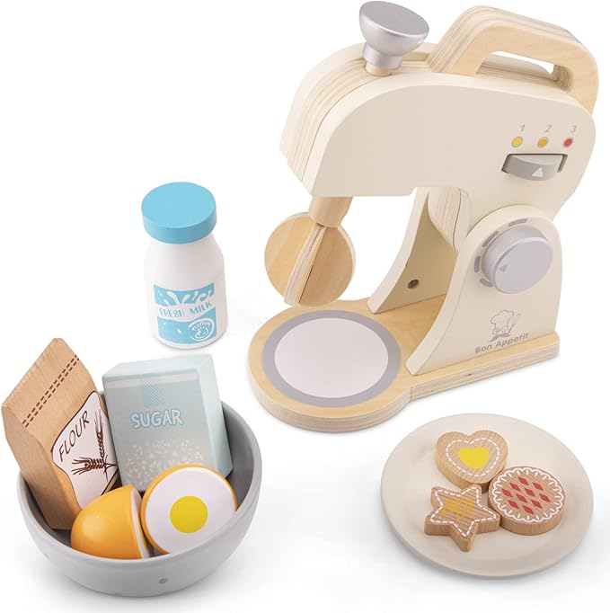 New Classic Toys Wooden Mixer Set Pretend Play Toy for Kids Cooking Simulation Educational Toys and Color Perception Toy for Preschool Age Toddlers Boys Girls , Red,White