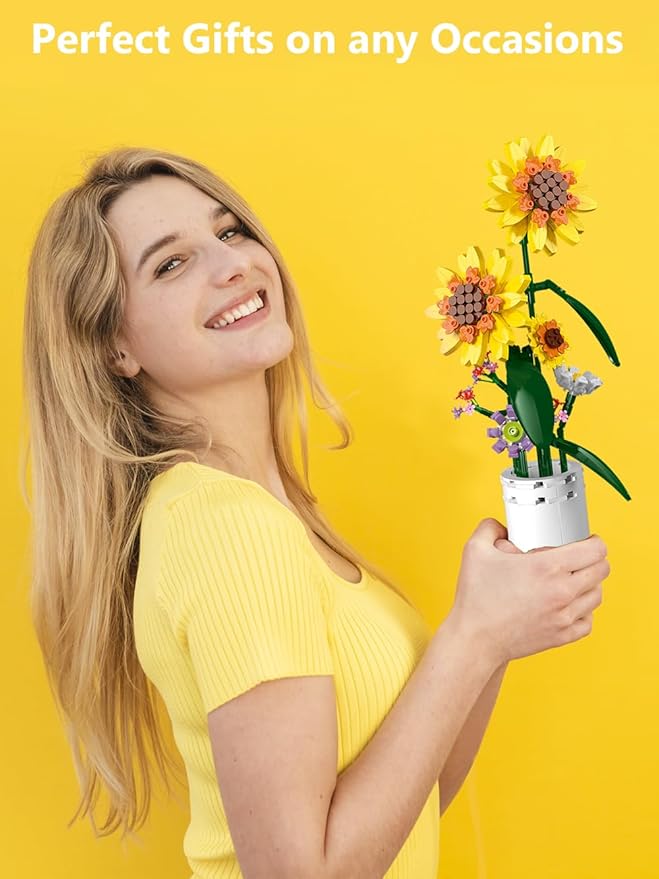 Sunflower Building Block Set, Flower Bouquet with Vase Building Toys, Party Gift Favor for Adults Teens Kids Girls Boys