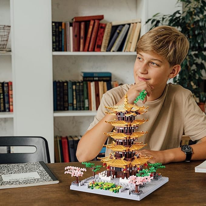 Chinese Architecture Ancient Famous Collectible Micro Building Blocks Set for Adults, 2200PCS Creative Model - Yellow Crane Tower with Cherry Blossom Tree Cherry Plants Toys and Presents