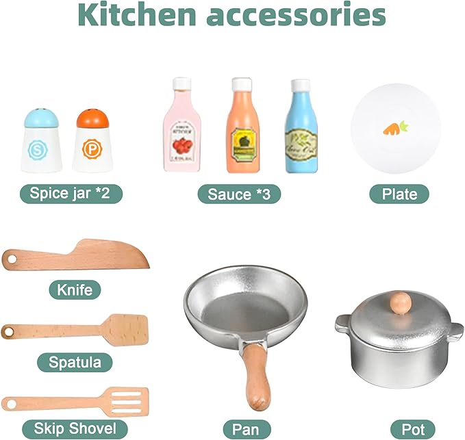 Wooden Play Kitchen Toy Kitchen Set with Stove,Oven,Sink,Fridge and 11 Pcs Kitchen Playset Accessories, Play Kitchen Sets for Kids,Toddler Kitchen Playset,Montessori Toys for Kids 4-8 Year Boys&Girl