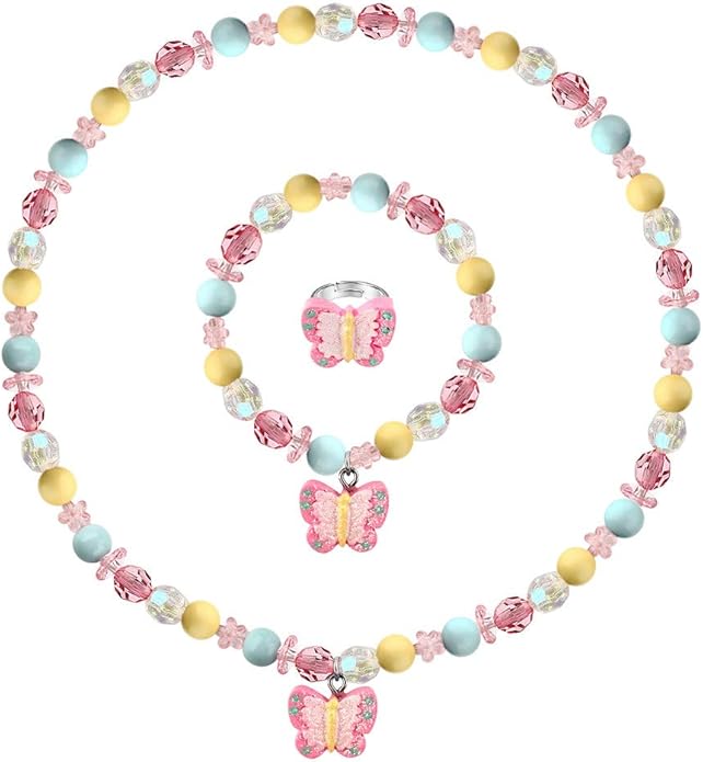 Butterfly Stretch Necklace Little Girl Toddler Necklace Bracelet Set, Little Princess Jewelry Kids Play Necklaces Butterfly Rings for Kids