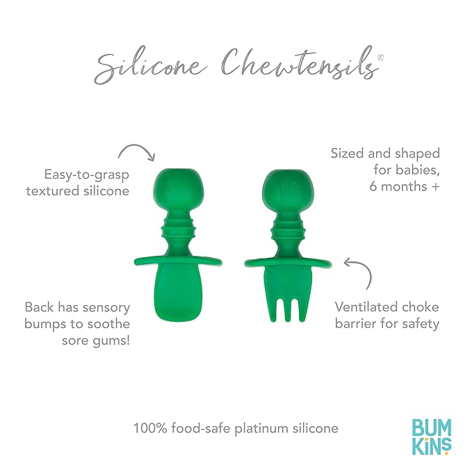 Bumkins Baby Utensils Set, Chewtensils Silicone Spoons for Dipping, Self-Feeding, Baby Led Weaning, Trainer Learning, First Stage Eating, Soft Practice Fork and Spoon, Babies 6 Months, Jade Green