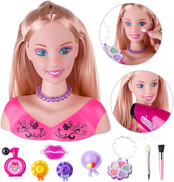 Doll Head Hair Styling Makeup Girls Toys Kids Pretend Play Beauty Set with Real Washable Cosmetics Hairdryer Curling Hairpins Accessories Birthday Gifts for Girls 3 Years Old