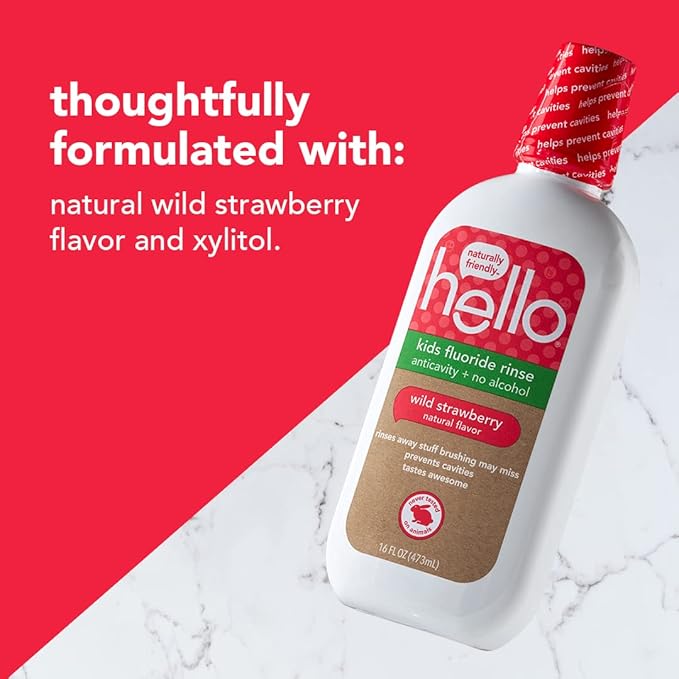 Hello Kids Wild Strawberry Natural Flavor Anticavity Fluoride Rinse - Vegan, Alcohol Free, and SLS Free Mouthwash for Children Age 2 and Up - 16 Ounce (Pack of 3)