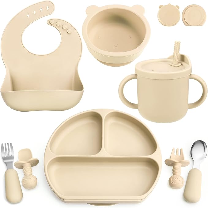 Silicone Baby Feeding Set, Baby Led Weaning Supplies with Suction Bowl Divided Plate, Toddler Self Feeding Dish Set with Spoons Forks Sippy Cup Adjustable Bib, Eating Utensils for 6+ Months(Beige)
