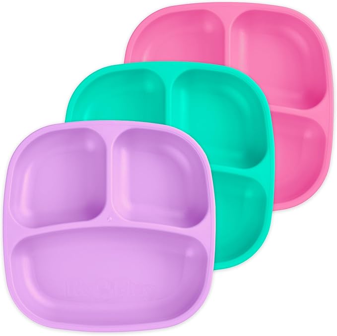 Re-Play Made in USA 7" Deep Walled Divided Plates for Kids, Set of 3 - Reusable 3 Compartment Plates, Dishwasher and Microwave Safe - 7.37" x 7.37" x 1.25", Sparkle