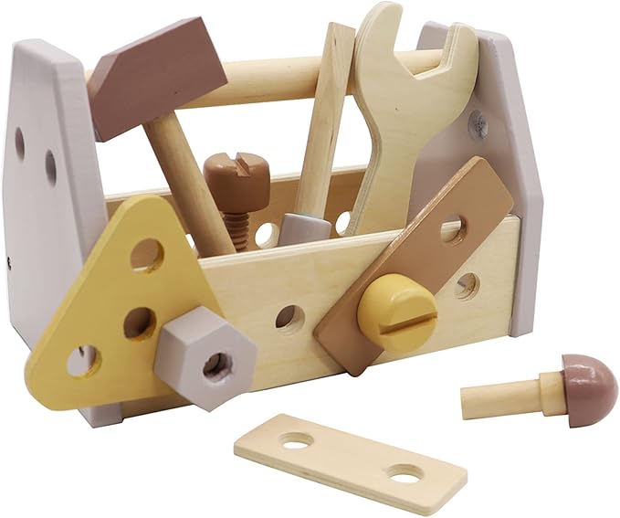 Montessori Wooden Tools Kit Toddler Educational Construction Kids Toys Sets Play Box Preschool Play Tool Wooden Construction Toy （Yellow）